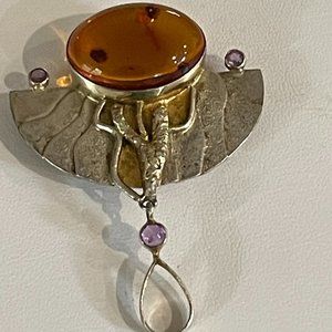 Large Sterling Silver EP 925 Huge Amber & Gemstone Brooch